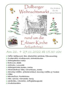Eine Auflistung der Angebote beim diesjährigen Weihnachtsmarkt, mit dem Logo der Veranstaltung, der Kirche und stilisierten Tannenbäumen.